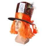 Deluxe Crazy Hatter Hat, brown distressed look hat with attached orange hair.