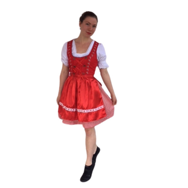 Deluxe Dirndl - Helga, white bodice with lace trim, dress with red bodice red check skirt and laces at the front with matching apron.