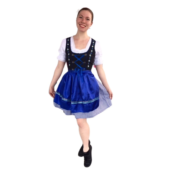 Deluxe Dirndl - Ingrid, white top with lace trim, dress with black bodice and blue check skirt, blue apron.