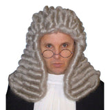 Deluxe judge wig covered in rows of curls, grey.