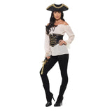 Deluxe Ladies Pirate Shirt, off the shoulder long sleeve blouse with black cincher.