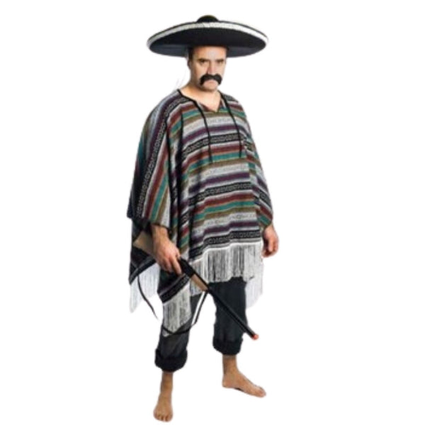 Deluxe Mexican Poncho - Grey, striped in mutted tones with white fringingg.
