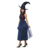 Deluxe Midnight Blue Witch Women's Costume, dress with two frill sheer skirt, witch hat.