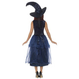 Deluxe Midnight Blue Witch Women's Costume, navy dress with satin bow at waist, plus witch hat.