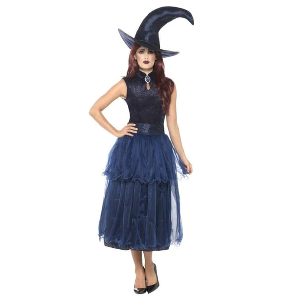 Deluxe Midnight Blue Witch Women's Costume, dress with sparking bodice, mid calf length skirt with tow layers of sheer blue fabric, 3d brooch and witch hat.