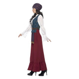 Deluxe Pirate Buccaneer Beauty Adult Costume, dress burgundy skirt with frill at hemline, print vest and attached white shirt, sash, bandana and necklace.