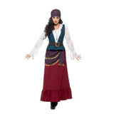 Deluxe Pirate Buccaneer Beauty Adult Costume, long dress with frill at hemline, attached shirt with gathered sleeves, attached vest, purple sweeping sash.