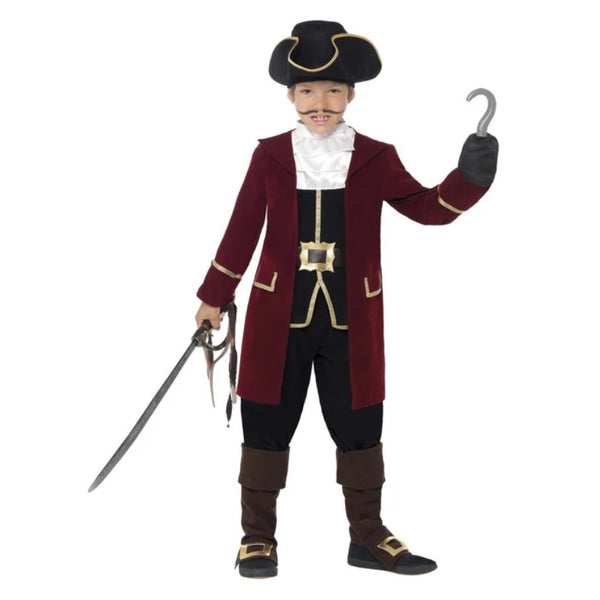 Child Pirate Captain Costume, maroon jacket, mock waistcoat, trousers, frilly neck tie and hat.