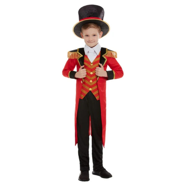 Deluxe Ringmaster Boys Costume, red jacket with epalets, mock stripe red and gold stripe vest, black trousers and top hat.