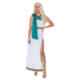 Deluxe Roman Empire Queen Toga Costume, White long sleeveless dress with braid trim and green drape.