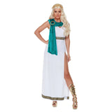 Deluxe Roman Empire Queen Toga Costume, White long dress with high split at leg, braid trim and green small drape.