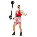 Deluxe Strongman Costume, red and white shorts jumpsuit with printed muscle chest and moustache.