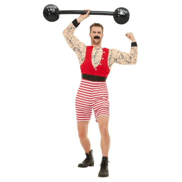 Deluxe Strongman Costume, red and white shorts jumpsuit with printed muscle chest and moustache.