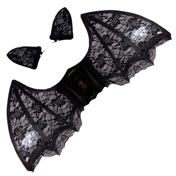 Deluxe Wing Set - Bat, black lace wings with lace Bat hair clips.