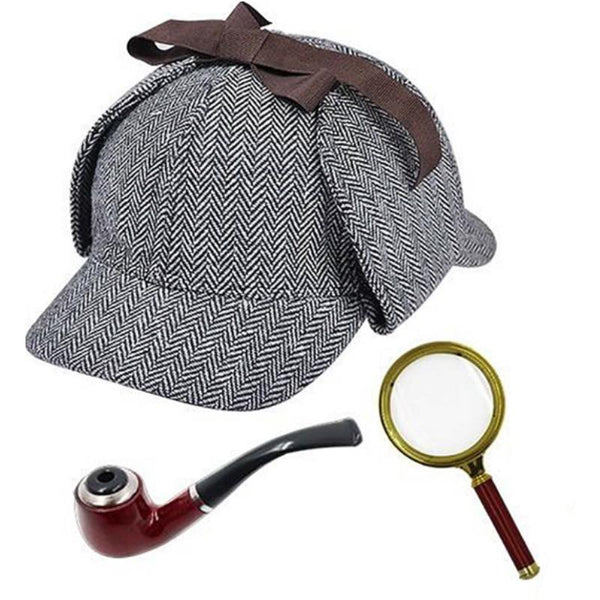 detective set with sherlock style hat, top pipe and magnifing glass  in black