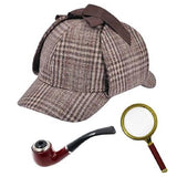 detective set with sherlock style hat, top pipe and magnifing glass  in brown.