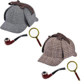 detective set with sherlock style hat, top pipe and magnifing glass  in black or brown.