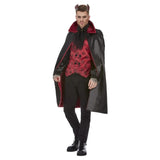 Devil Mens Costume - Red & Black shirt and knee length cape with horns.