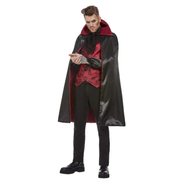 Devil Mens Costume - black and red shirt and cape, plus horns.