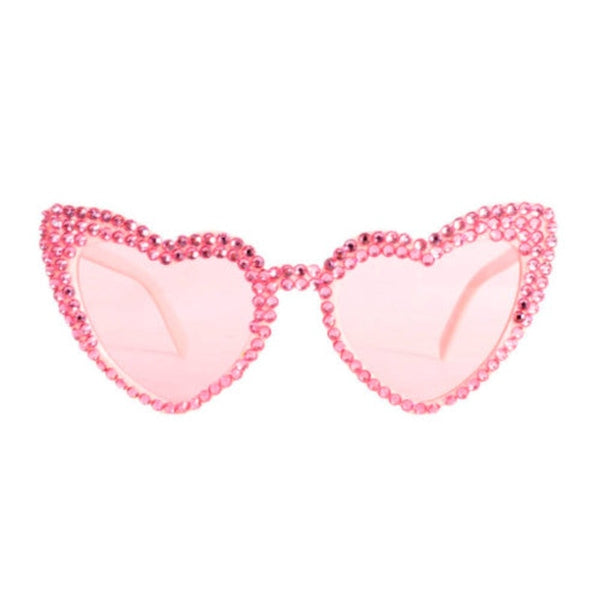 Diamante heart glasses in pink, covered in small pink diamantes with pink lenses, adult size.