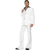 Disco king hire, includes white suit with flared pants, white vest with attached black shirt collar.