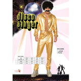 70s Disco Singer Gold Costume - Dr Toms, gold tight fitting jacket and pants.