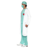 Doctor Coat and Scrubs Costume, green scrubs with medic print on the chest, lab coat, hat, mask and name tag.