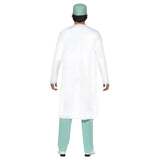 Doctor Coat and Scrubs Costume, green scrubs with medic print on the chest, lab coat, hat, mask and name tag.