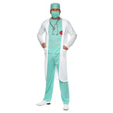 Doctor Coat and Scrubs Costume, green scrubs with medic print on the chest, lab coat, hat, mask and name tag.