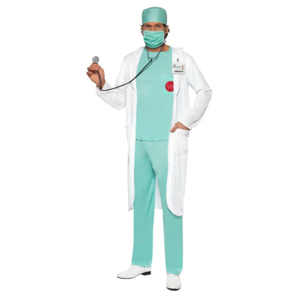 Doctor Coat and Scrubs Costume, green scrubs with medic print on the chest, lab coat, hat, mask and name tag.