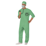 Doctor Scrubs Costume - Adult, green scrubs with headpiece, plastic stethoscope and face mask.