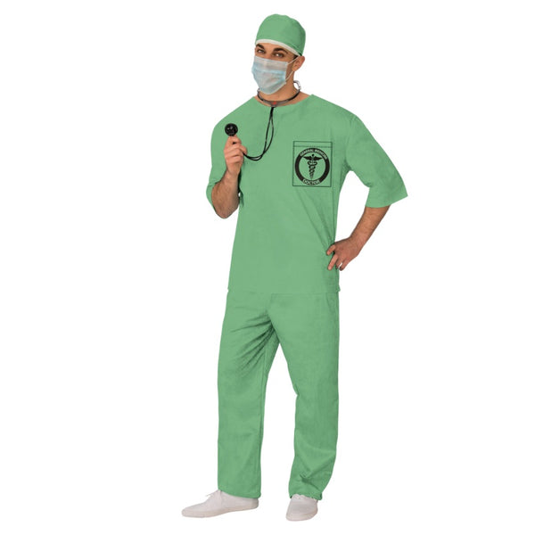 Doctor Scrubs Costume - Adult, green scrubs with headpiece, plastic stethoscope and face mask.