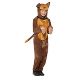 Dog Costume-Child, brown and tan hooded jumpsuit with cute face on hood.