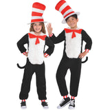 Dr Seuss Cat in the Hat Kids Jumpsuit Costume, jumpsuit with fur chest, bow and oversized hat.