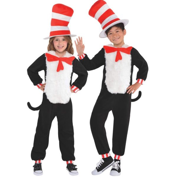 Dr Seuss Cat in the Hat Kids Jumpsuit Costume, jumpsuit with fur chest, bow and oversized hat.