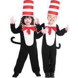 dr seuss the cat in the hat jumpsuit costume, with oversized hat.