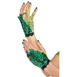 dragon scale glovettes in metallic green in scale print, glovettes cover the top of your hand.