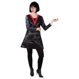 Edna Mode Deluxe Costume, dress with fibre filled segments on skirt, V neckline in red, digitally printed sleeves and black bob wig plus glasses.