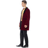 Edwardian Gent Deluxe Costume, burgundy long jacket, black lapel, gold mock waistcoat and cravat.