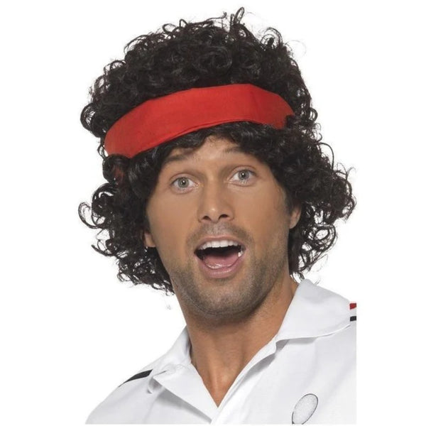 Eighties Tennis Player Wig, loose curly afro in brown with red headband.
