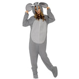 Elephant adult costume, grey two tone all in one jumpsuit with attached hood featuring large ears, tusks, trunk and tail.