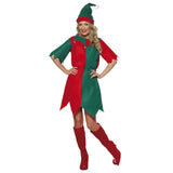 Elf Costume - Womens felt dress half red and green, bells around collar with hat.