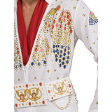 Elvis Deluxe Costume-Adult, white jumpsuit with detailed belt with attached chain.