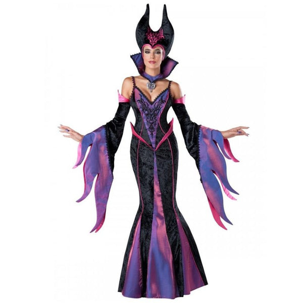 Evil Sorceress - Hire, figure hugging glamourous black and purple long dress with flare inserts in skirt, embroidered bodice, seperate sleeves and high collare and stunning headdress.
