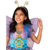 Fairy costume for child with lavender wings trimmed in gold glitter and gold headband.