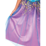 Fairy costume for child, lavender skirt, blue net overlay with gold glitter trimmed leaf shape peplum.