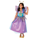 fairy costume for child, mid length lavender dress with blue panel in bodice, gold glitter trimmed leaf shape peplum, matching wings and gold headband.