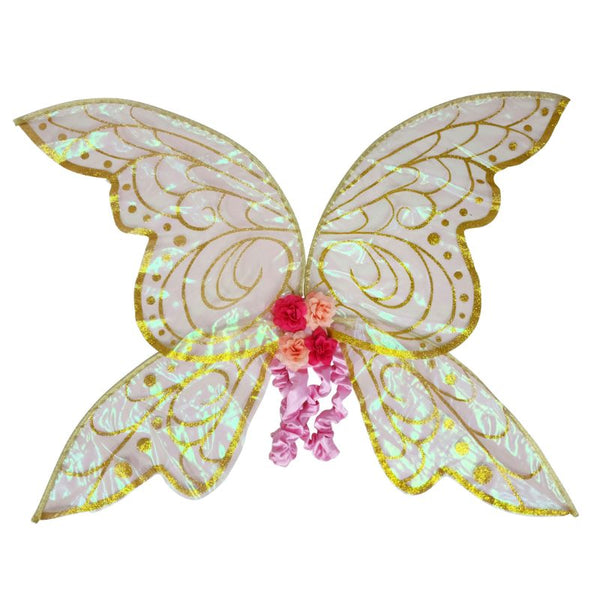 Fairy Wings-Pink/Gold, sheer wings with gold glitter detail and colourful flowers at the centre back.