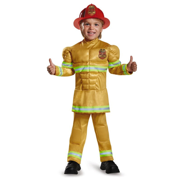 Fearless Fireman Boys Costume, jumpsuit with muscles and hat. yellow suit.