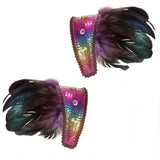 feather shoulder pads with  rainbow band and cock feather trim.